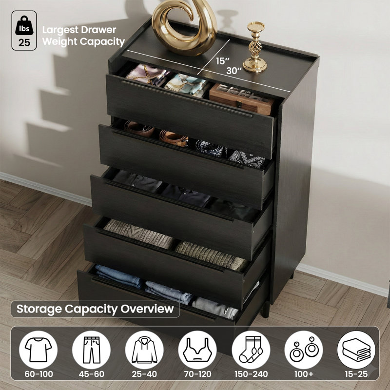 Modern 5-Drawer Dresser, 48" Wide Storage Cabinet for Bedroom