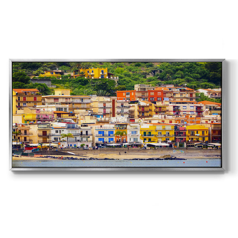 Village de plage italien - Toile tendue avec châssis encadré - Prêt à être accroché, H 17 po x l 33 po, Argent argent