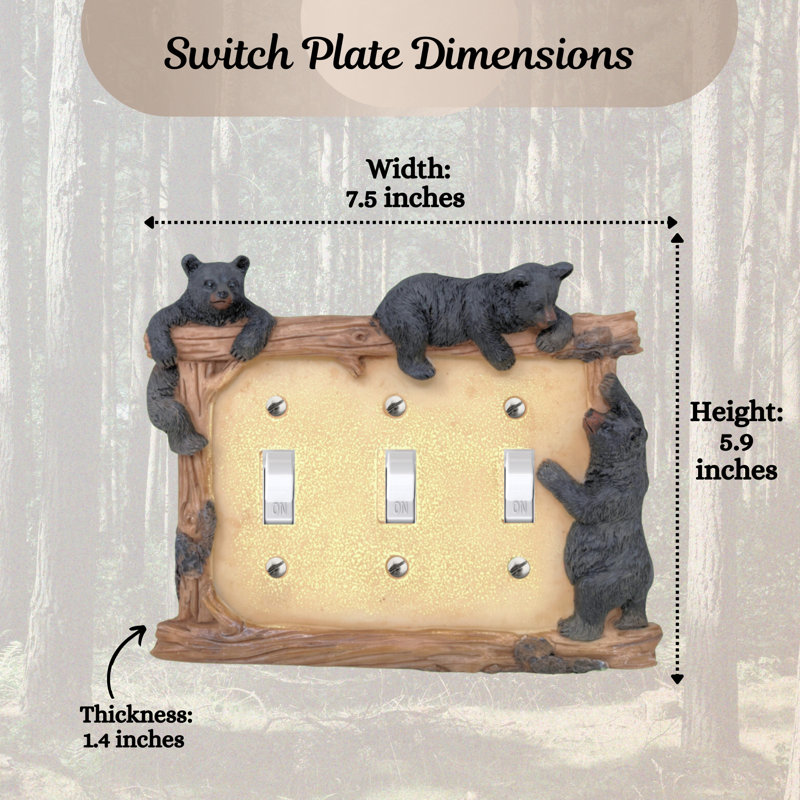 Resin Rustic Triple Toggle Switch Cover Black Bear on Logs Design