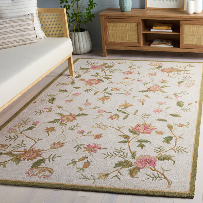 Tapis floral en laine crocheté à la main Kinchen, Rectangle 9 pi x 12 pi, Beige