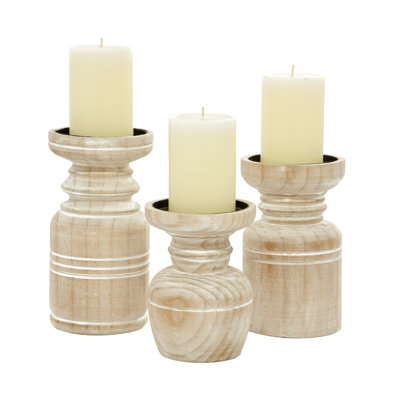3 Piece Wood Tabletop Candlestick Set