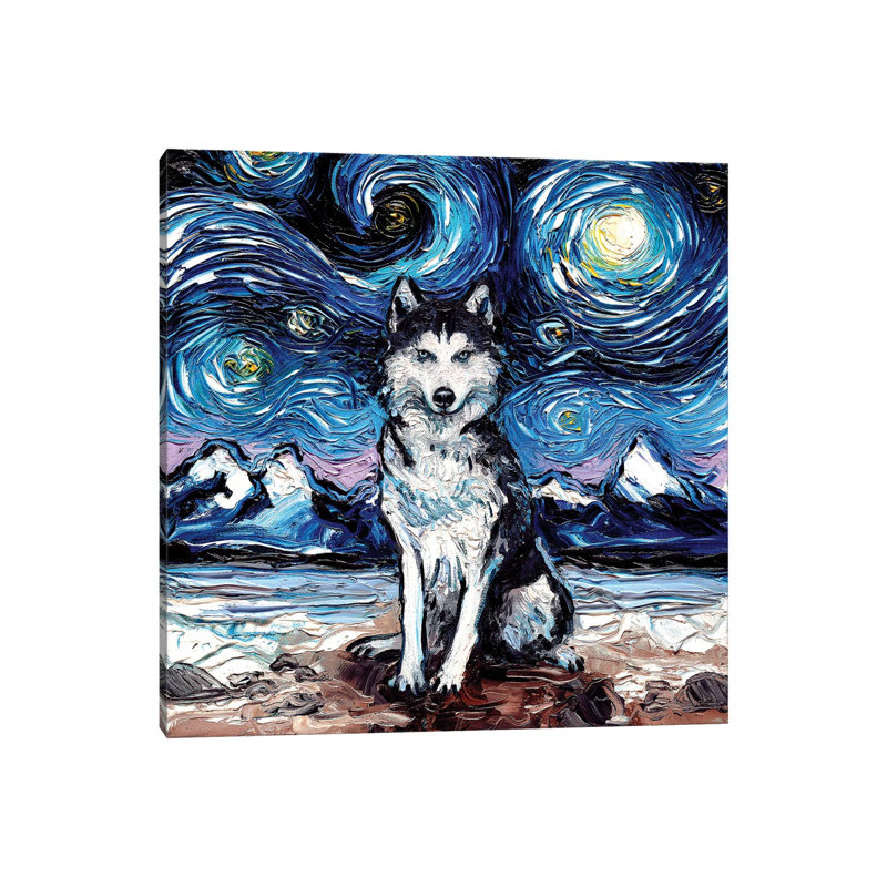 Reproduction d’art, "Husky Night" par aja Trèves, Toile tendue, Pas de tapis, H 18 po x l 18 po x 1,5 po