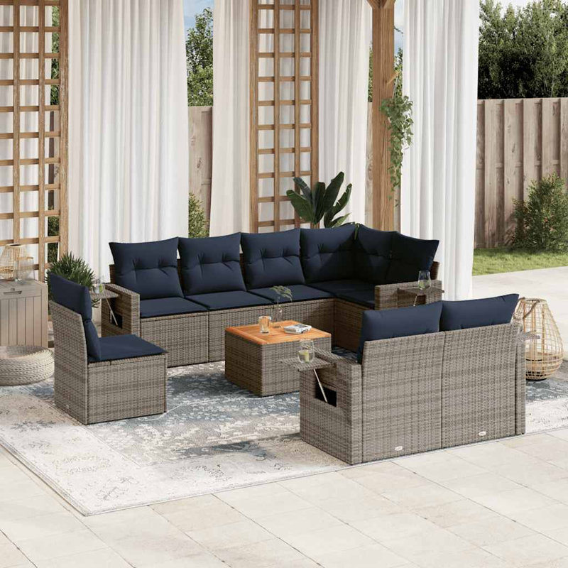 Ensemble de canapé de patio 9 pièces avec coussins en rotin de polyester, Bleu très foncé, Gris