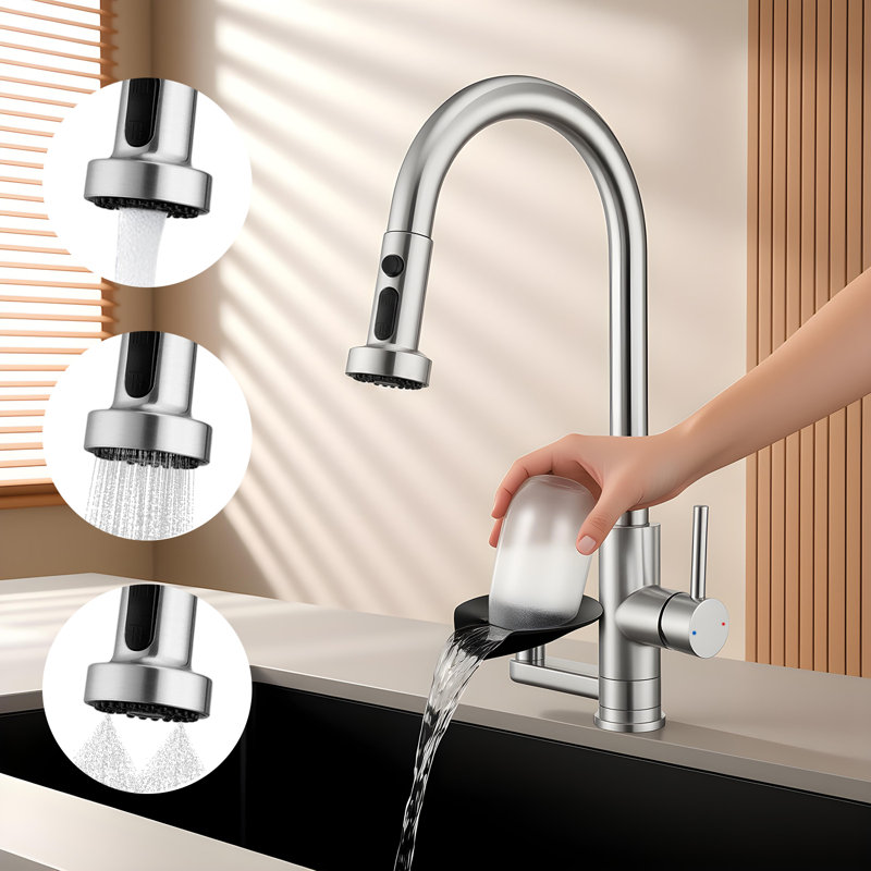 High-Arc Pull-Down Sprayer Kitchen Faucet With Built-In Glass Rinser, Brushed Nickel