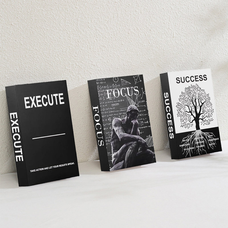 Black Decorative Book Set, 3-Piece Success-Themed Foldable Faux Books for Bookshelf, Console, Home Office and Graduation Gift