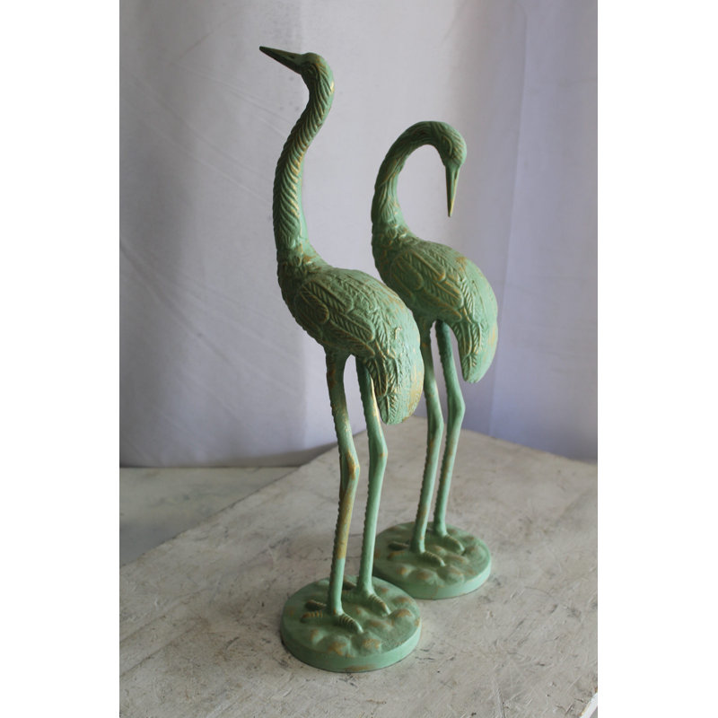 Pair of Green Patina Aluminum Crane Sculptures 24" x 14" x 42"H