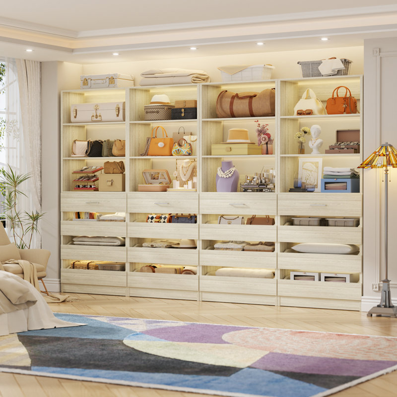 Closet System With 16 Wooden Drawers, Freestanding Closet Organizer With Shelves, Washed Oak