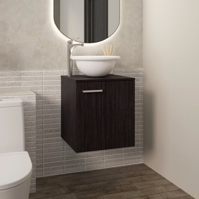 Meuble-lavabo flottant à une porte, avec lavabo vasque et une tablette, rangement pour salle de bain
