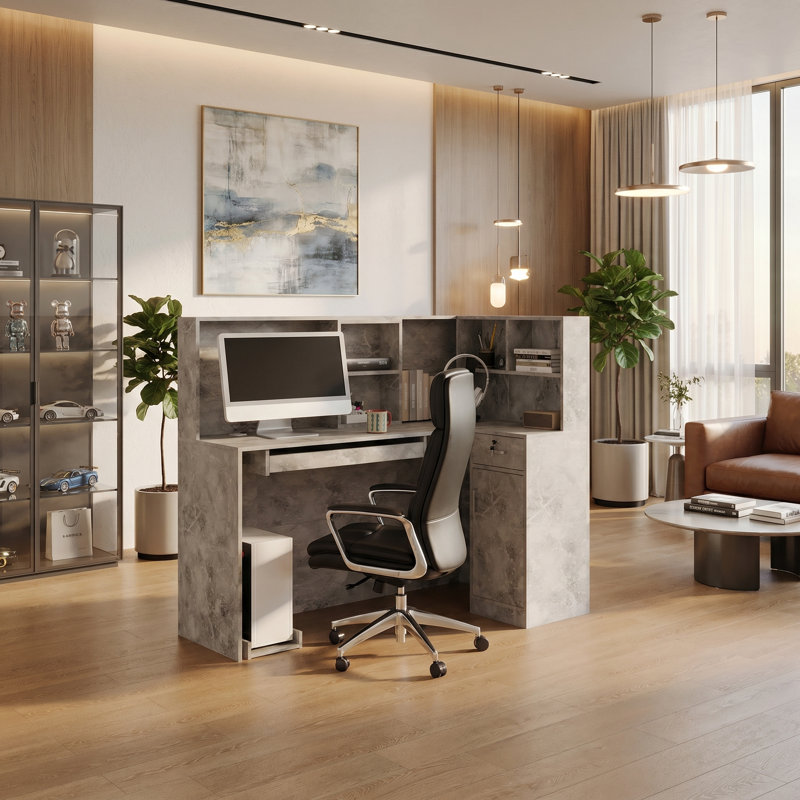 Bureau de réception en L, comptoir de coin de 55 po avec tiroir et armoire verrouillables
