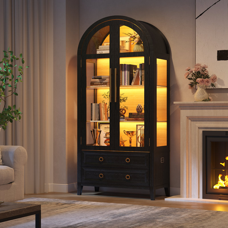 Freestanding Arch Display Cabinet with 3-Color Light Modes and Motion Sensor, Wood/Black