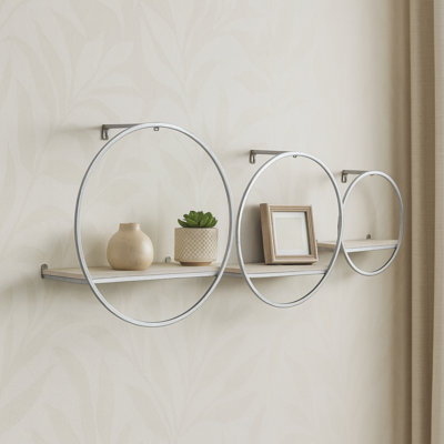 Decorative Round Metal Hanging Wall Shelf Sculpture for Home Decor - Modern Wall Art Accent for Office and Living Room - Set of 3, 16", 14", 12", Silver