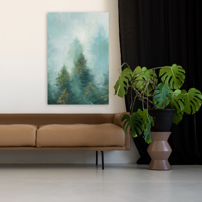 Misty Forest III, paysage bleu contemporain, turquoise et blanc, 48" H x 32" W