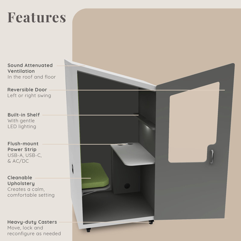 NOOK Solo, Quiet Meeting Pod 90, Acoustic Panels, Table, Individual Seat, Power Station, Door, Two Fans, Casters, White/Gray