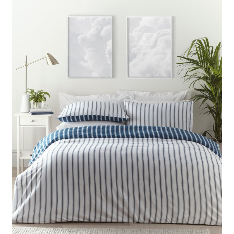 Polyester Striped Duvet Cover Set with Pillowcases, Super King Duvet Cover + 2 Standard Pillowcases, Blue