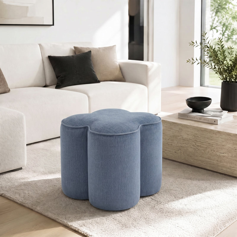 Pouf d'appoint capitonné en lin, forme trèfle à quatre feuilles, 47 cm de large, Leiani, pour salon, chambre et coiffeuse