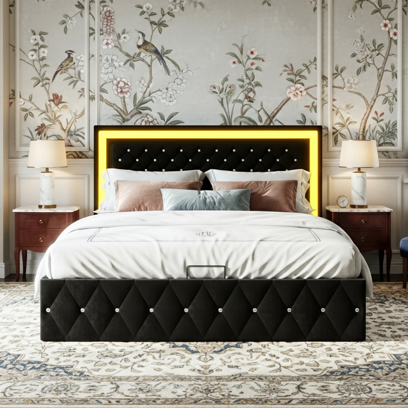 Velvet Ottoman Bed With LED Headboard, Glam Upholstered Storage Frame With Crystal Tufting, Black & Beige, Black