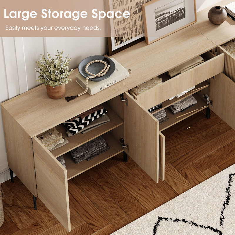 126" W Reeded TV Stand with Charging Station, Beige
