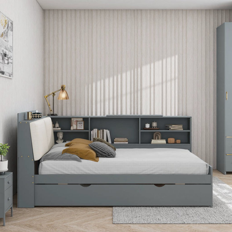 Lit plateforme blanc avec rangement gigogne, tête de lit et espace sous le lit Baxter, Gris