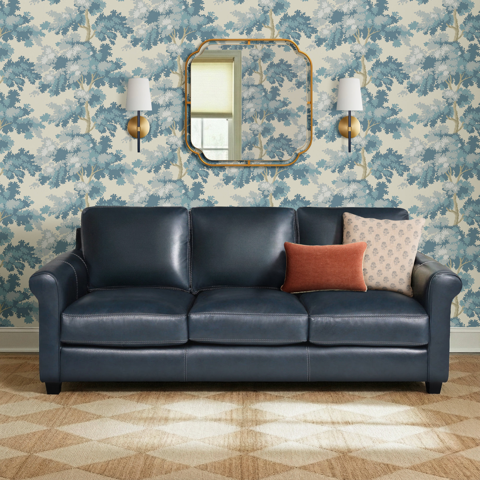 Cataldo 86'' Upholstered Sofa, Counterbalance Navy Genuine Leather