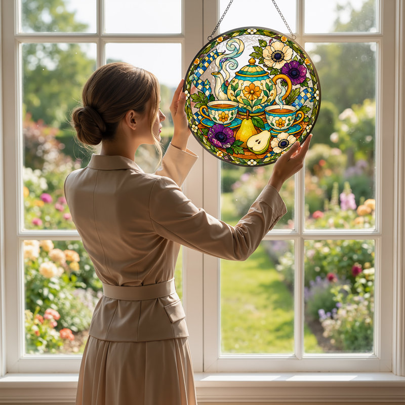 Théière et tasses à thé avec poires et fleurs, peinture sur toile, H 12 po