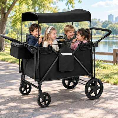 Poussette pliable 4 places pour 4 enfants, poussette quad avec sièges convertibles et repose-pieds, plateau de collation, sac de rangement, auvent amovible, poignée double, convertible noir