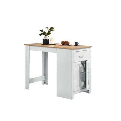 Table 47 po à hauteur de comptoir avec rangement, blanc et chêne, tiroir et armoire, 2 sièges tiroir de rangement en chêne, 2 options
