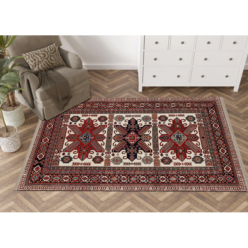 Tapis décoratif rétro à motif traditionnel bourgogne, Rectangle 3 pi 9,81 po x 4 pi 11,06 po