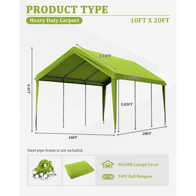 Carport Canopy Replacement Cover With Ball Bungees (Frame Is Not Included), 112.8" H x 120" W x 240" D, Grass Green