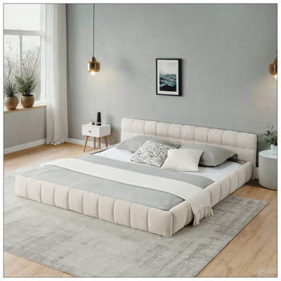 Structure de lit tapissier très grand californien avec tissu épais, lit plateforme très grand californien en chenille avec tête de lit et structure solide. Aucun sommier tapissier requis - beige (90,5 po x 80,5 po x 31 po)