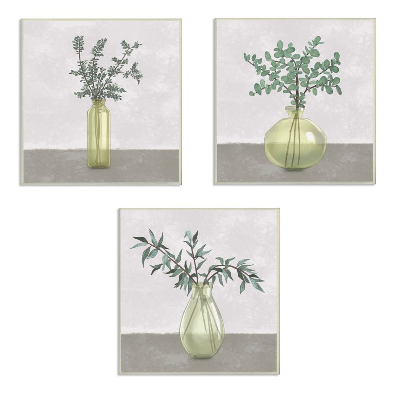 «Plants in Vase Neutral Gray» par Ziwei Li - ensemble de 3 impressions, H 12 po x l 12 po x P 0,5 po, Plaque en bois