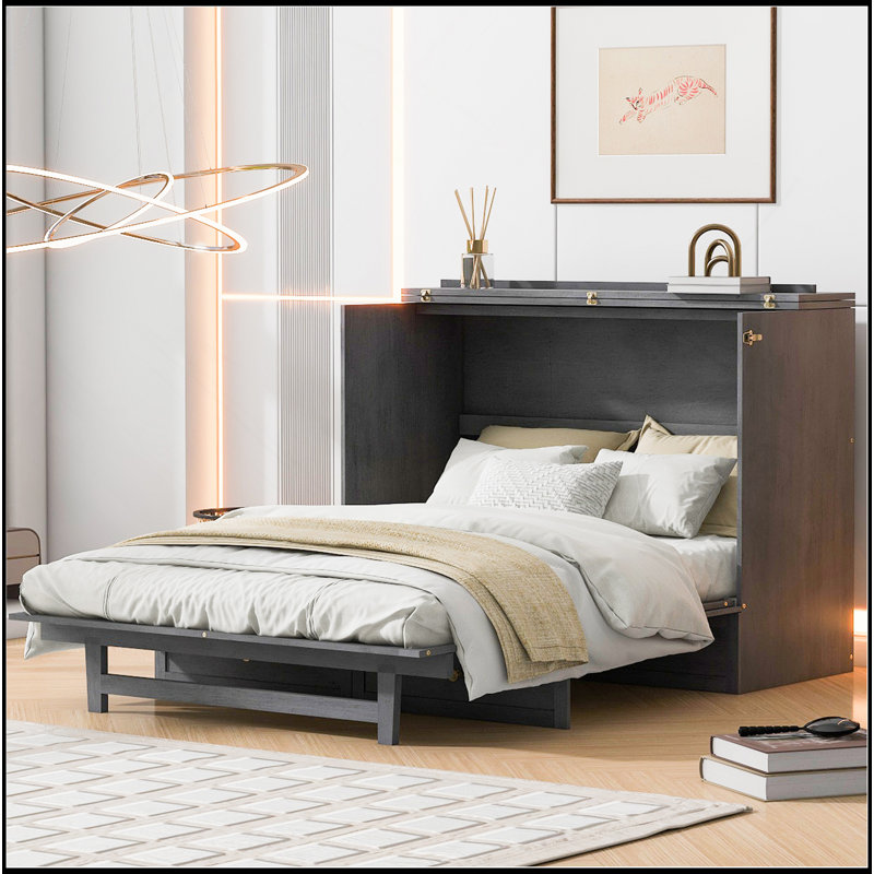 Lit escamotable avec grands tiroirs et ports USB, Gris, Lit double