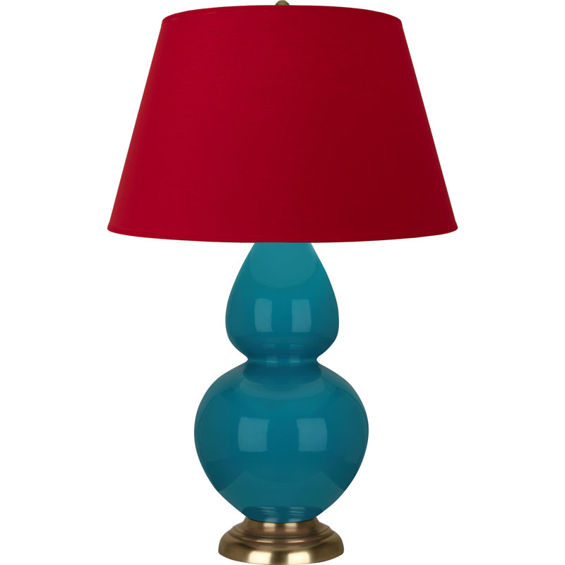 Lampe de table double gourde en céramique, Paon verni / laiton, Blanc cassé, Laiton