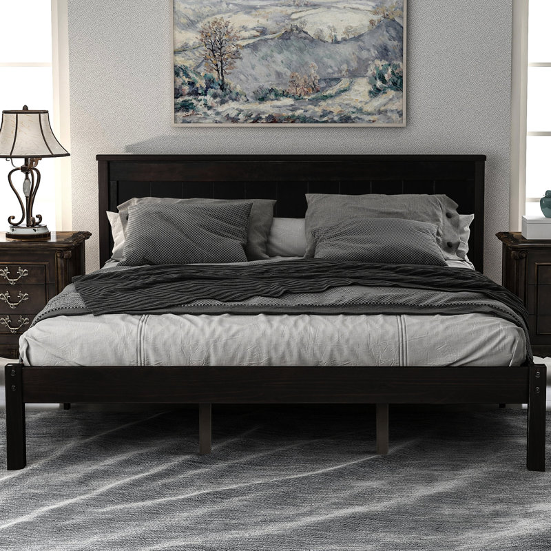 Structure de lit plateforme grand avec tête de lit, support à lattes de bois, sans sommier pour lit de chambre à coucher, longue durée requise
