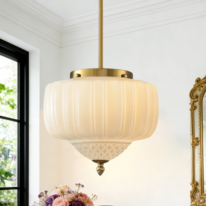 Grand luminaire suspendu en verre de lait, Blanc, Tige - Or