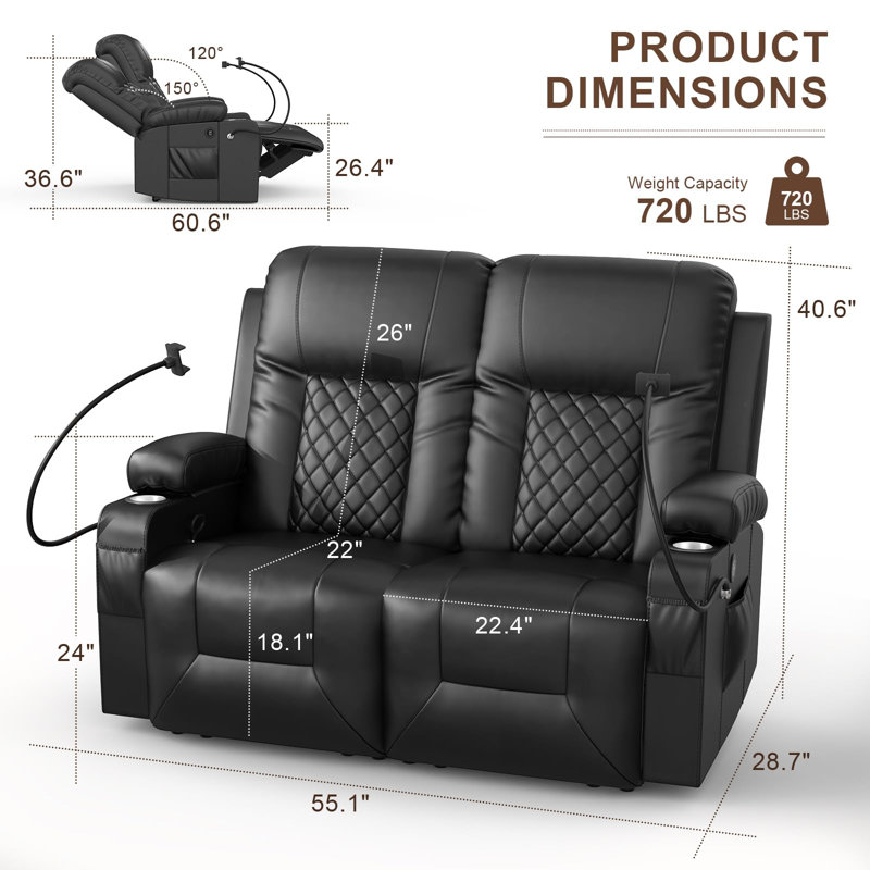 Manual Reclining Loveseat Sofa,Modern Breathable Leather Recliner With Cup Holder and 2 Cell Phone Holder, USB Ports, Black