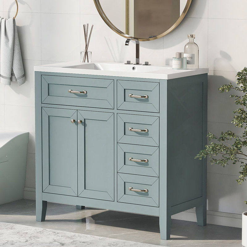 Meuble-lavabo vert 36 po avec lavabo, structure solide et panneau de fibres à densité moyenne, conception autoportante moderne