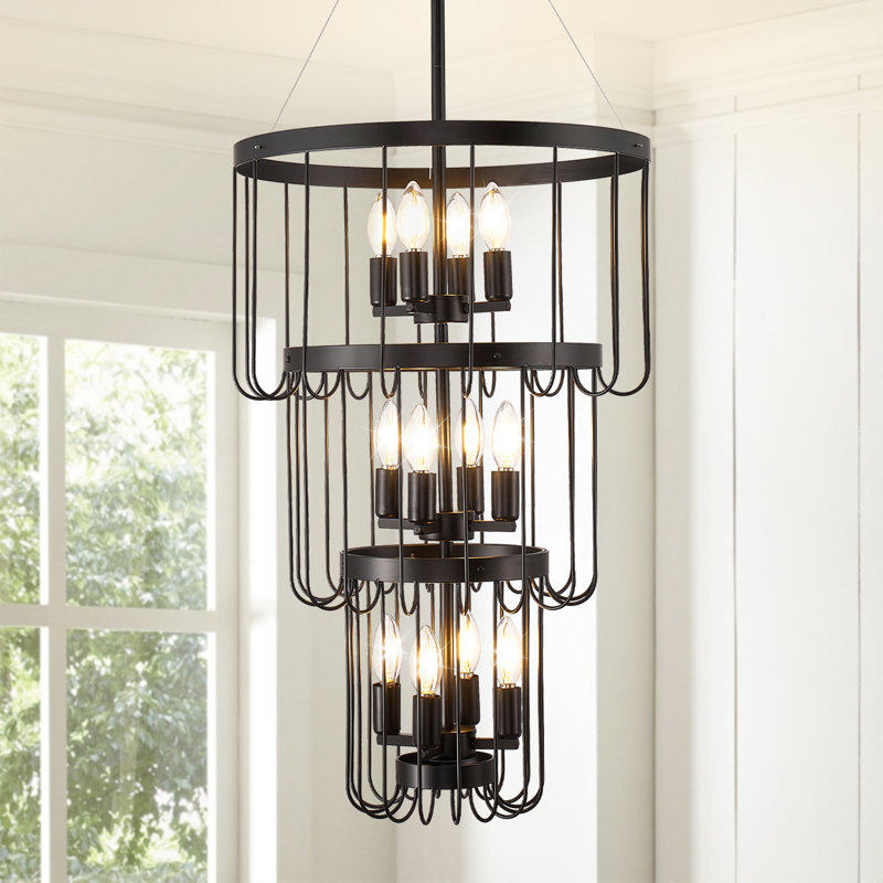 Lustre gradué à 12 lumières à niveaux, Noir mat