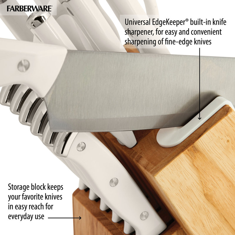 14-Piece White Knife Block Set with Built-In Sharpener