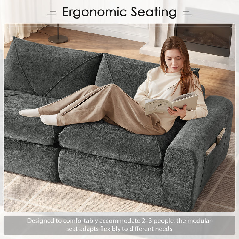 86" Oversized Boneless Bean Bag Sofa, Chenille Upholstered Floor Couch, DarkGray