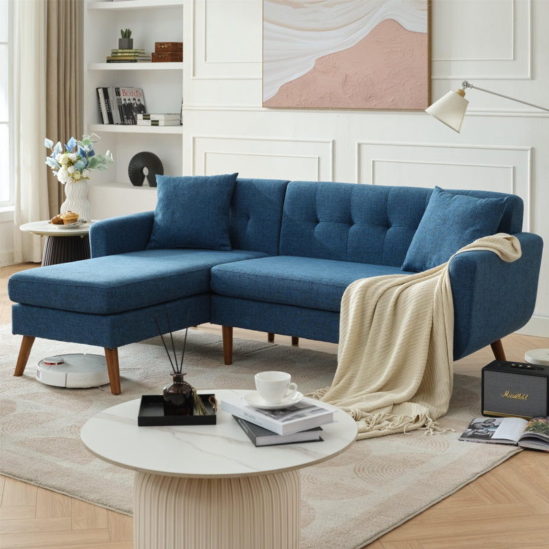  80'' Wide Sofa-And-Chaise Sectional Set With Ottoman Tufted Upholstered Living Room Set, Blue Linen