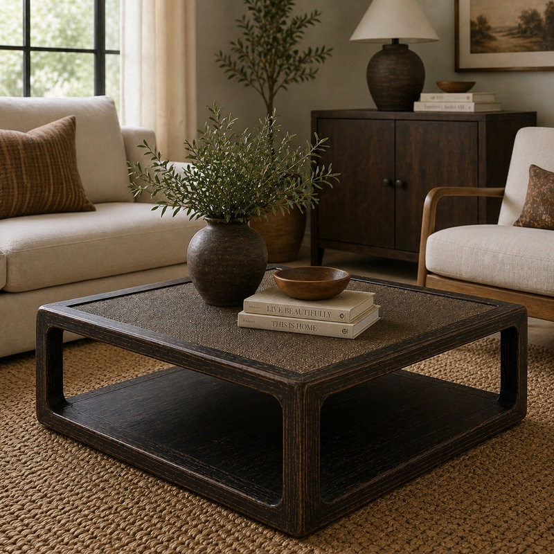 Milo Square Coffee Table with Rattan Top Distressed Blackwash 50x50x19H