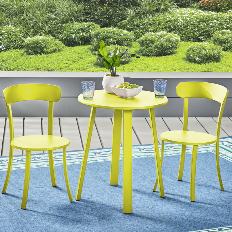 Bistro d'extérieur en fer thermolaqué, finition lime mate, option de salle à manger élégante, 2 chaises et 1 table élégante, fer et inclus