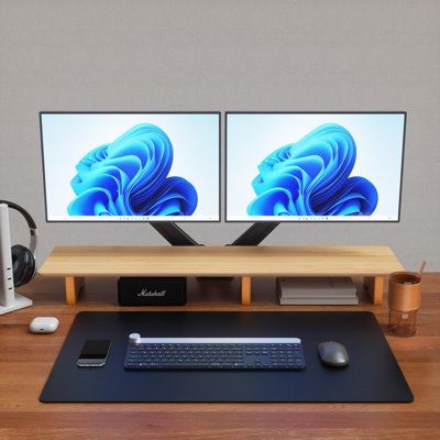 Large Dual Monitor Stand Riser, Solid Wood Desk Shelf With Eco Cork Legs For Laptop Computer/TV/PC/Printers, Perfect Desktop Stands Organizer With Underneath Storage For Office Accessories