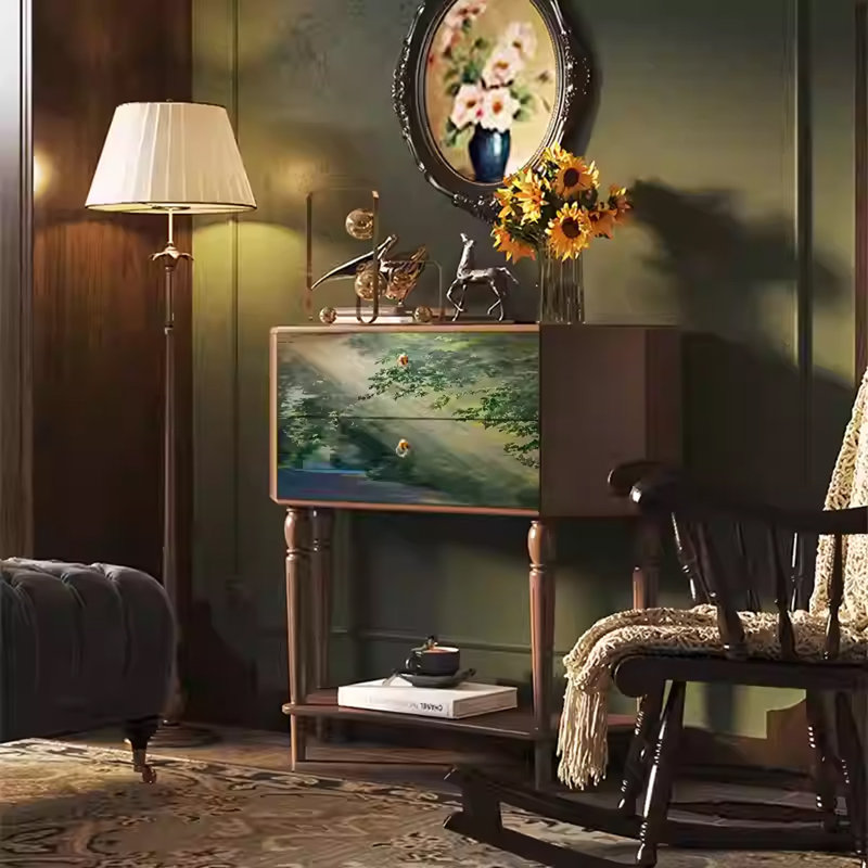 Armoire de rangement en pin avec poignées en métal, Noyer