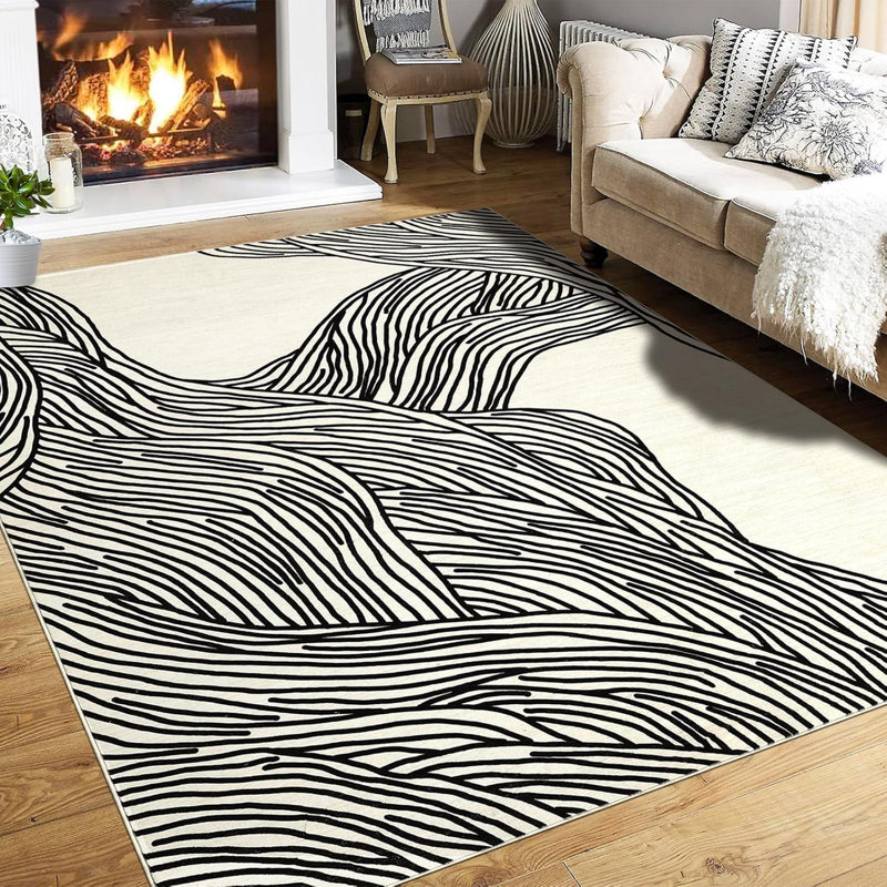  Tapis de couloir moelleux - 350 g / m² en fausse laine d'agneau, lavable à la machine, antidérapant, motif de nage moderne pour le vestibule, cuisine (noir et blanc)