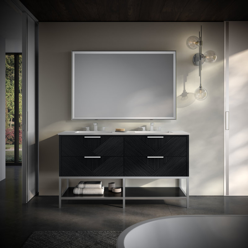 Diamond 60'' W Double Vanity, White Quartz, Charcoal Black, Brushed Nickel