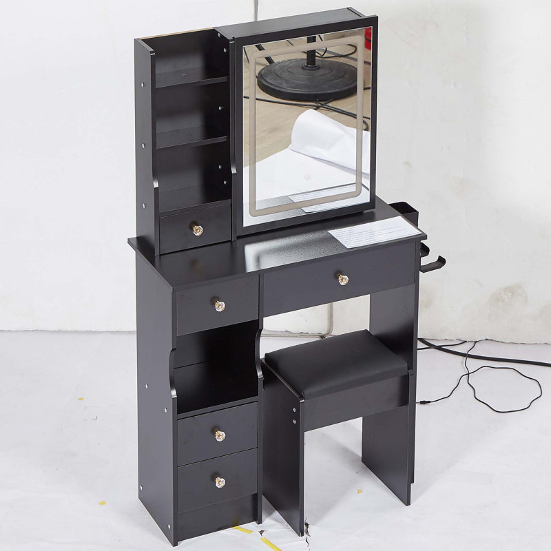 Petit meuble-lavabo de 29,2 po avec tiroir à gauche + tabouret rembourré, 2 blocs d'alimentation CA + 2 ports USB, support pour sèche-cheveux, très grand miroir coulissant à commande tactile à DEL, réglage de la luminosité tricolore, réglage de la luminosité
