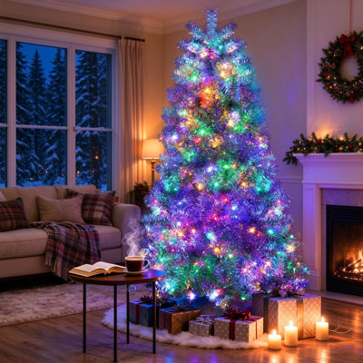 6FT Pre-Lit Silver Tinsel Artificial Christmas Tree, Hinged Branches with Metal Stand, 800 Branch Tips, 300 LED Lights, 11 Lighting Modes, Indoor Outdoor Holiday Xmas Decor Tree