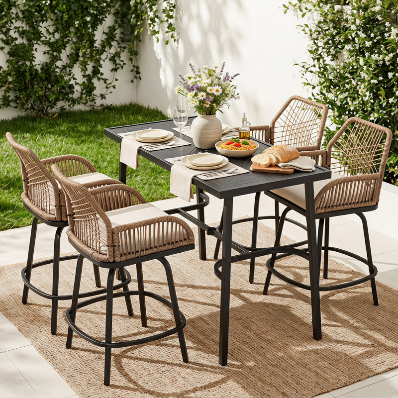 Ensemble de bar d'extérieur 5 pièces, chaises pivotantes en rotin avec coussins