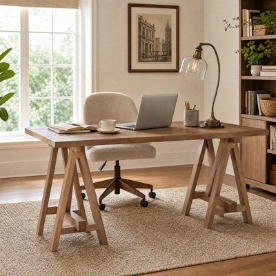 63 Inch Solid Wood Home Office Desk, Large Rectangular Trestle Desk